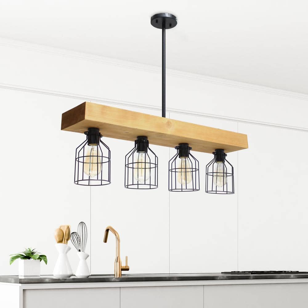 Rustic 4-Light Wooden Beam Farmhouse Pendant in Light Wood