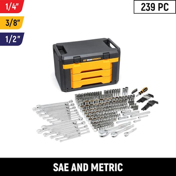 1/4 in., 3/8 in. and 1/2 in. Drive Standard and Deep SAE/Metric Mechanics Tool Set in 3-Drawer Storage Box (239-Piece)