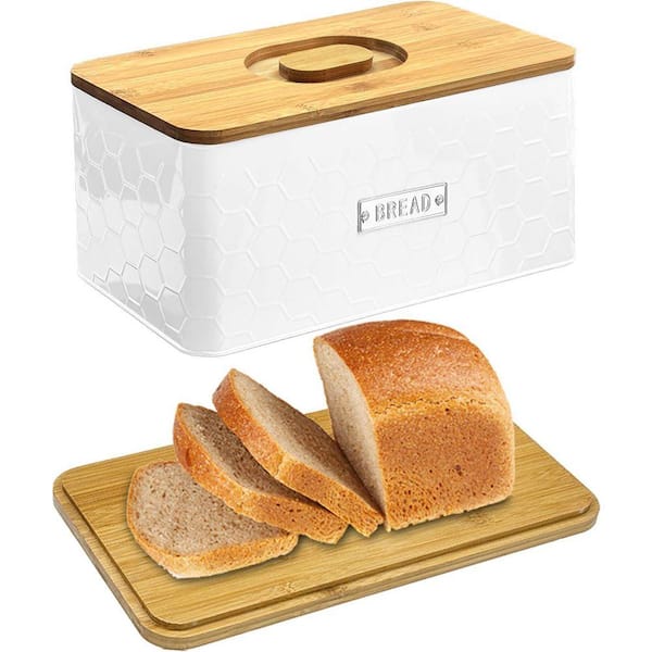 Lynzavix 1-Piece White Metal Bread Box with Bamboo Cutting Board