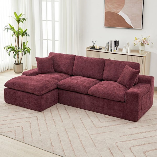 107.9 in. Chenille Full Compressed Sectional Sofa in Red with Pillows and Side Storage Pockets