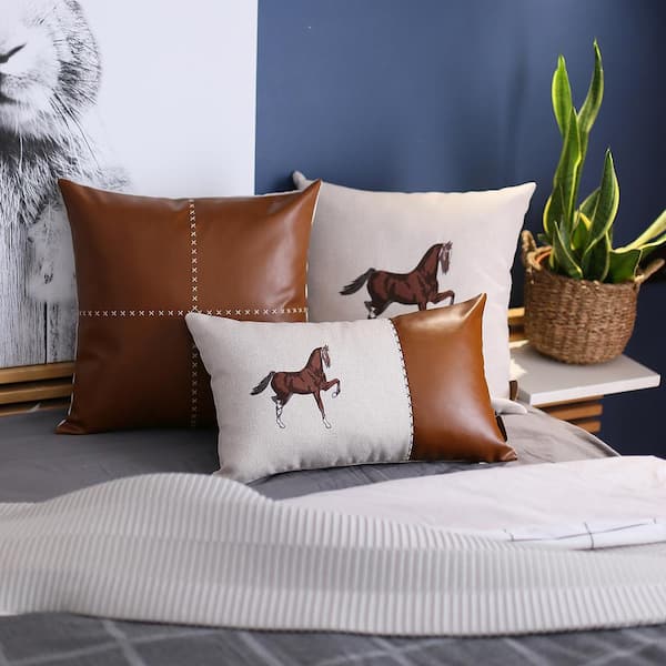 Mike&Co. New York Boho Embroidered Horse Handmade Set of 4 Throw Pillow 12 x 20 Vegan Faux Leather Solid Beige & Brown Lumbar for Couch, Bedding 