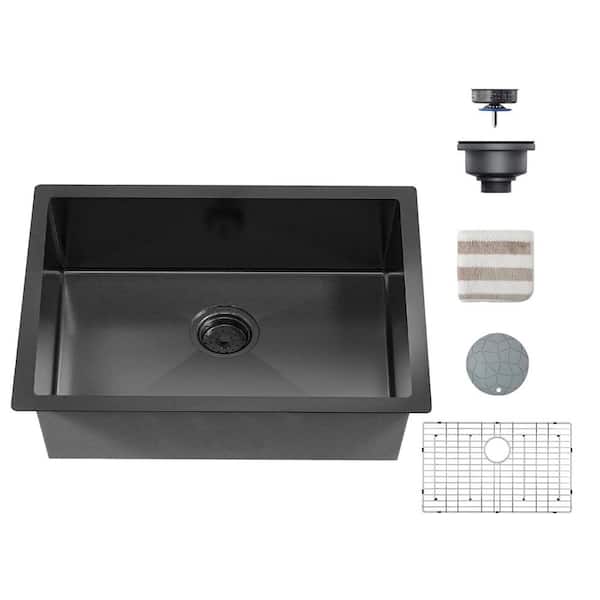 ANGELES HOME 30 in. x 18 in. Undermount Single Bowl 16 Gauge Gunmetal Black 304 Stainless Steel Kitchen Sink with Grids and Strainer