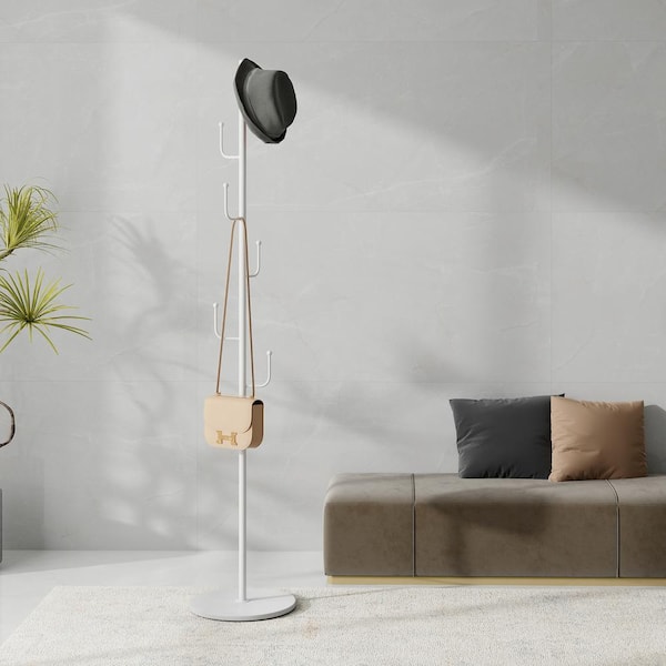 Maypex H 64.5 in. Freestanding White Metal Coat Rack with White Color Round Faux Marble Base