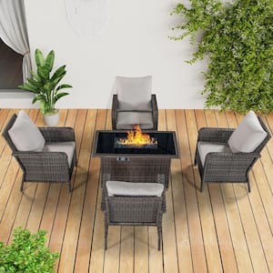 5-Piece Wicker Patio Rectangle Fire Pit Conversation Set with Cushions