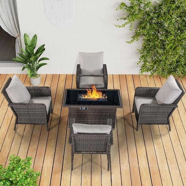 Brafab 5-Piece Wicker Patio Rectangle Fire Pit Conversation Set with Cushions