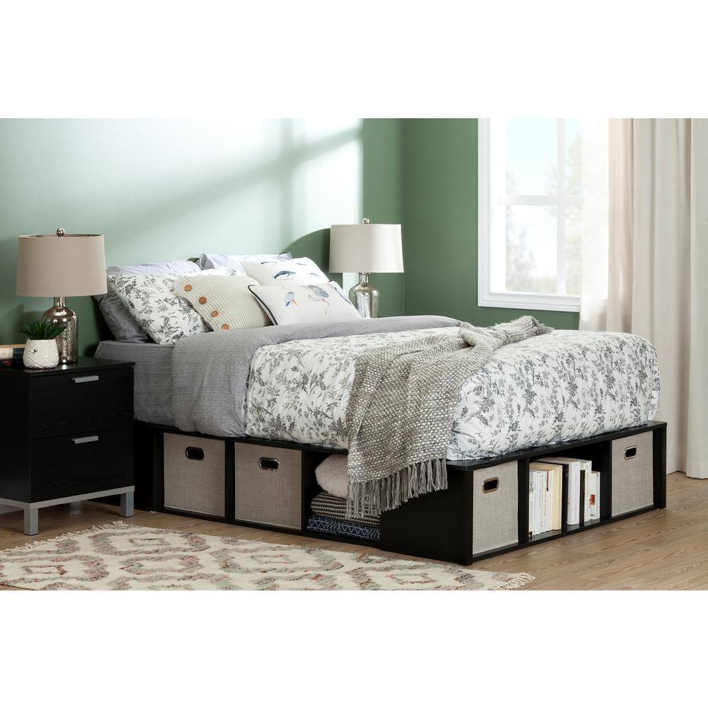 King Black Oak Platform Bed with Storage Baskets
