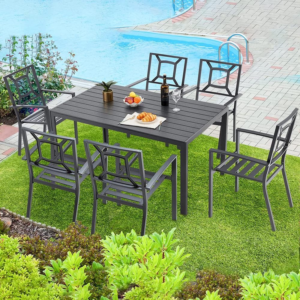 AECOJOY Black 7-Piece Aluminum Rectangular Table Outdoor Patio Dining ...