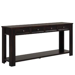 63 in. Distressed Black Rectangle Pine Wood Console Table Sofa Table with 4 Drawers and 1 Bottom Shelf