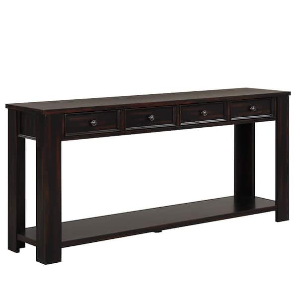 Unbranded 63 in. Distressed Black Rectangle Pine Wood Console Table Sofa Table with 4 Drawers and 1 Bottom Shelf