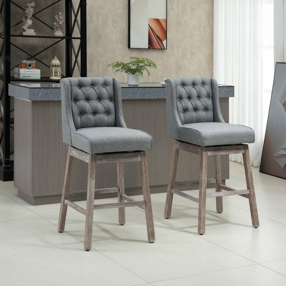 Gray Swivel Bar Stools with Wood Footrests, Set of 2
