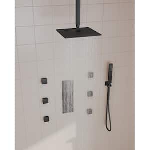 Anti Scald Shower Trims and Valve 5-Spray Ceiling Mount 12 in. Fixed and Handheld Shower Head 2.5 GPM in Matte Black