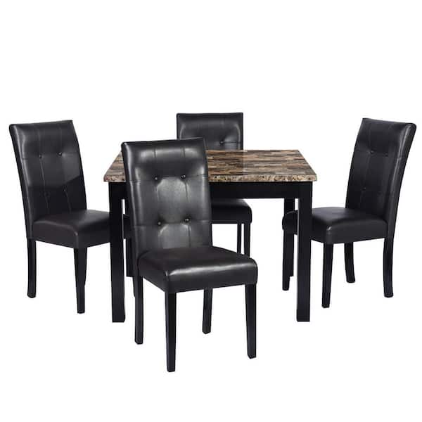 Spaco 5-Piece Faux Marble Top Square Dark Brown Dining Table Set