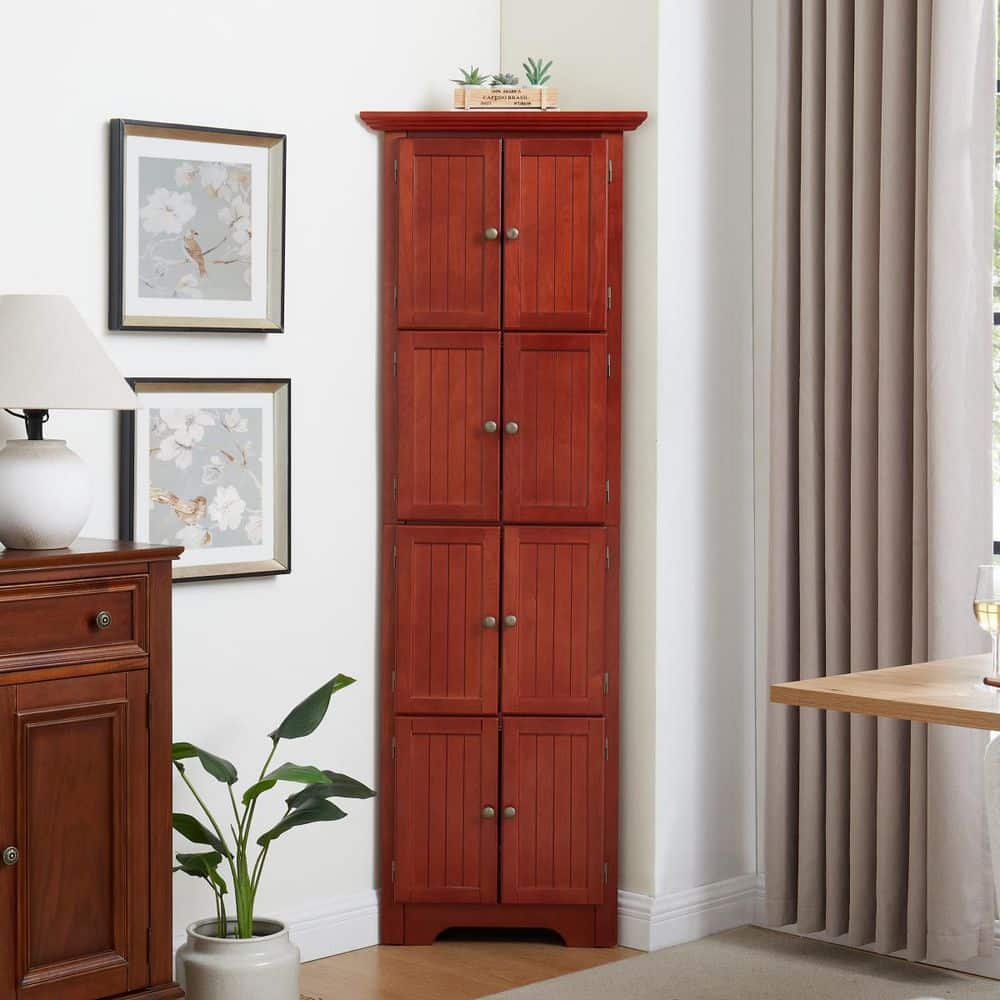 72 in. Cherry Wood Corner Kitchen Pantry Cabinet, Farmhouse 8 Doors Tall Storage Cabinet with 4 Tier Storage Shelves