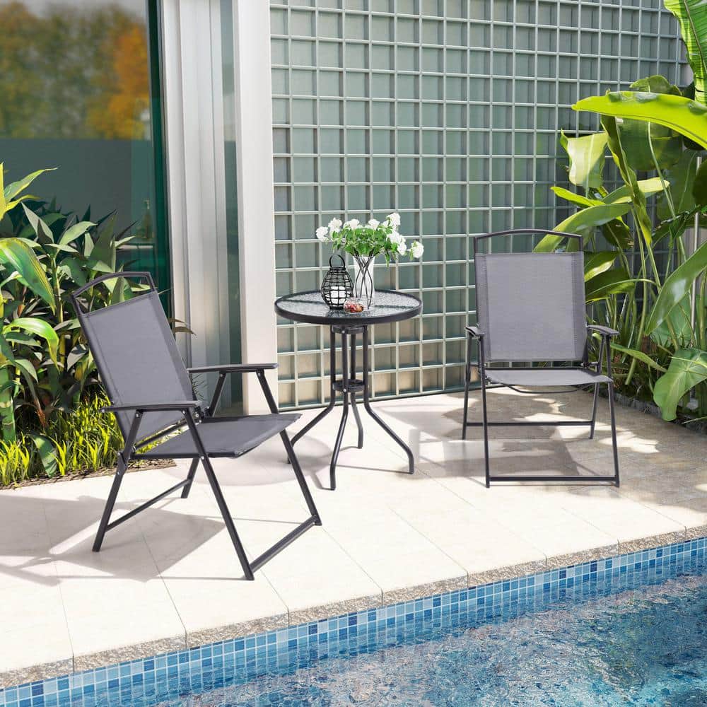 3-Piece Metal Outdoor Patio Bistro Set in Gray with Tempered Glass Table