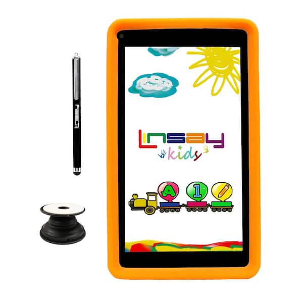 LINSAY 7 in. 64GB Android 13 Tablet with Orange Kids Defender Case, Holder and Pen