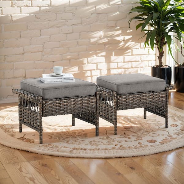 Brown Wicker Outdoor Ottoman, PE Rattan Ottoman with Gray Cushions for Patio Backyard Porch (2-Pack)