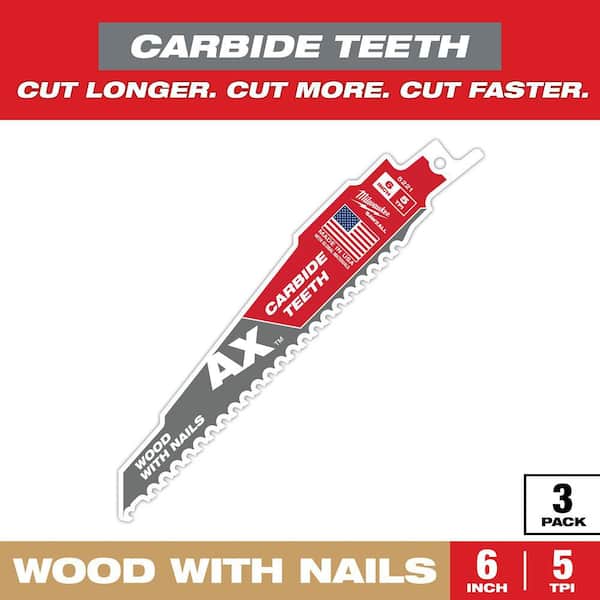 Milwaukee 6 in. 5 TPI AX Carbide Teeth Demolition Nail-Embedded Wood Cutting SAWZALL Reciprocating Saw Blades (3-Pack)