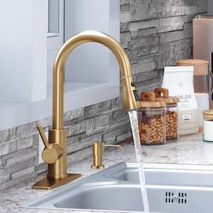 Single Handle Pull Down Sprayer Kitchen Faucet Gooseneck Kitchen Sink Faucet with Soap Dispenser in Gold