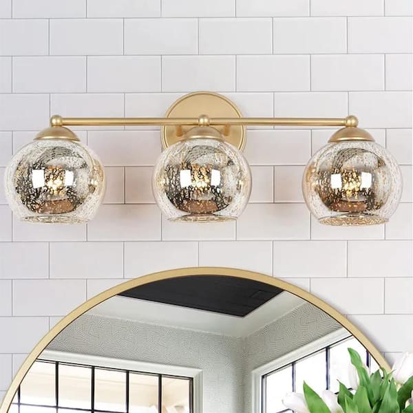 21 in. 3-Light Modern Gold Bathroom Vanity Light, Globe Mercury Glass Bath Lighting, Powder Room Bath Vanity Light