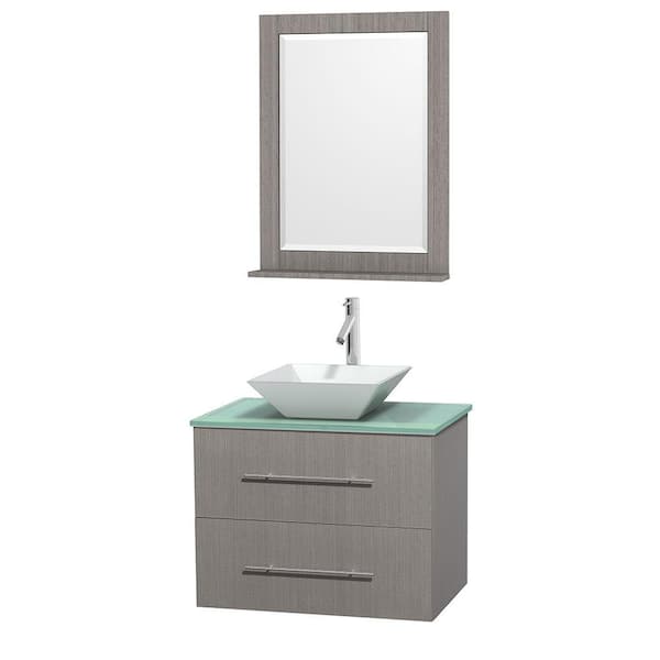 Wyndham Collection Centra 30 in. Vanity in Gray Oak with Glass Vanity Top in Green, Porcelain Sink and 24 in. Mirror