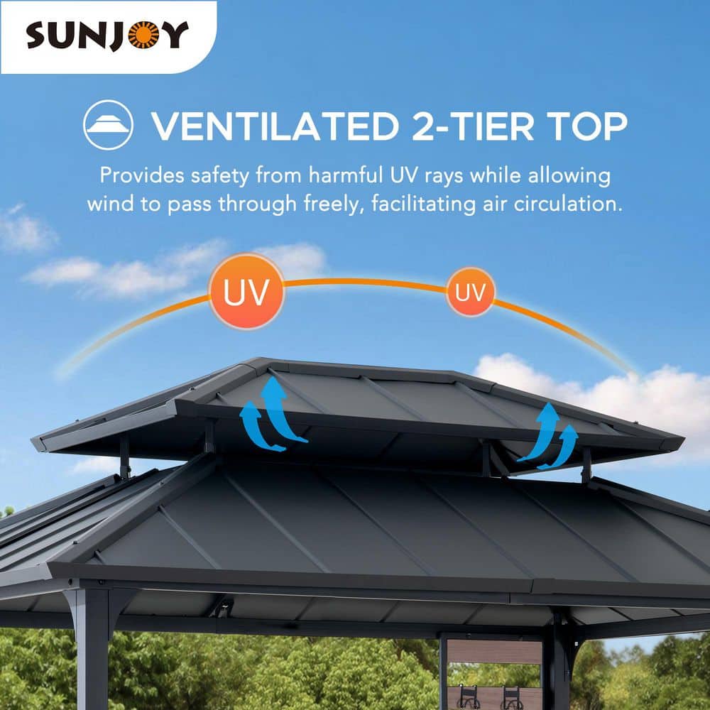Matte Black 7 x 9 ft. 2-Tier Hardtop Grill Gazebo with Storage Shelves