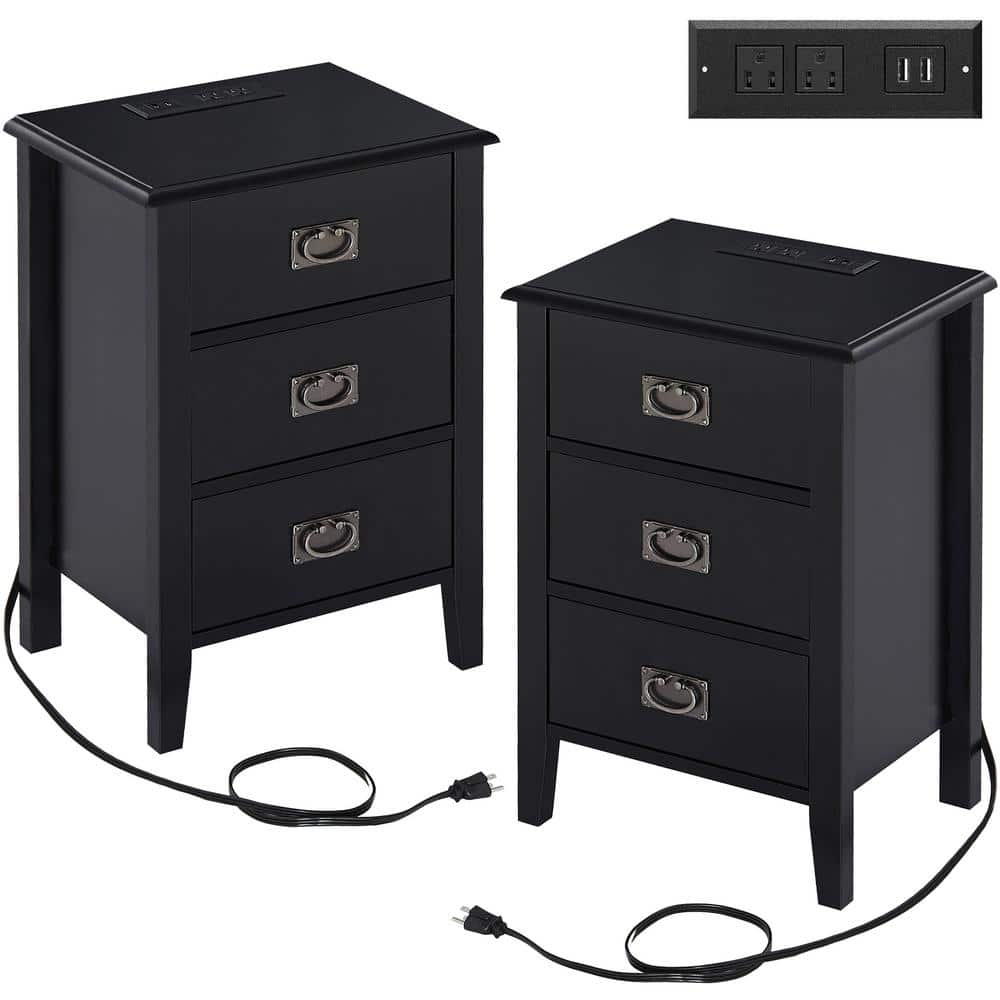 VECELO Nightstand Set of 2with Charging Station, Black End/Side Table