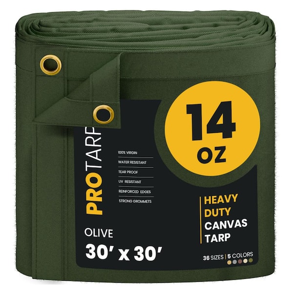 Heavy Duty 14 OZ Water Resistant Canvas Tarp, UV Resistant Tarpaulin Cover Olive 30 ft. x 30 ft.