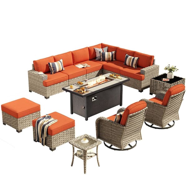 Eternity 13 Pieces Wicker Outdoor Patio Rectangular Fire Pit Set and Swivel Rocking Chairs with Orange Red Cushions