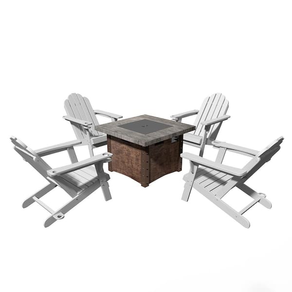 Clihome 5-Piece Outdoor Adirondack HDPE Material Plastic White Chair with 34.5 in. Composite Material Patio Fire Pit Table Set