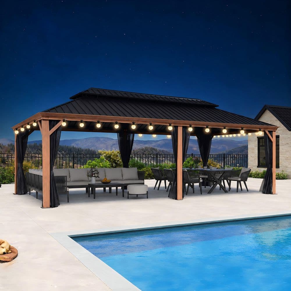 PURPLE LEAF 12 ft.x 24ft Wood Grain Luxury Aluminum Frame Patio
