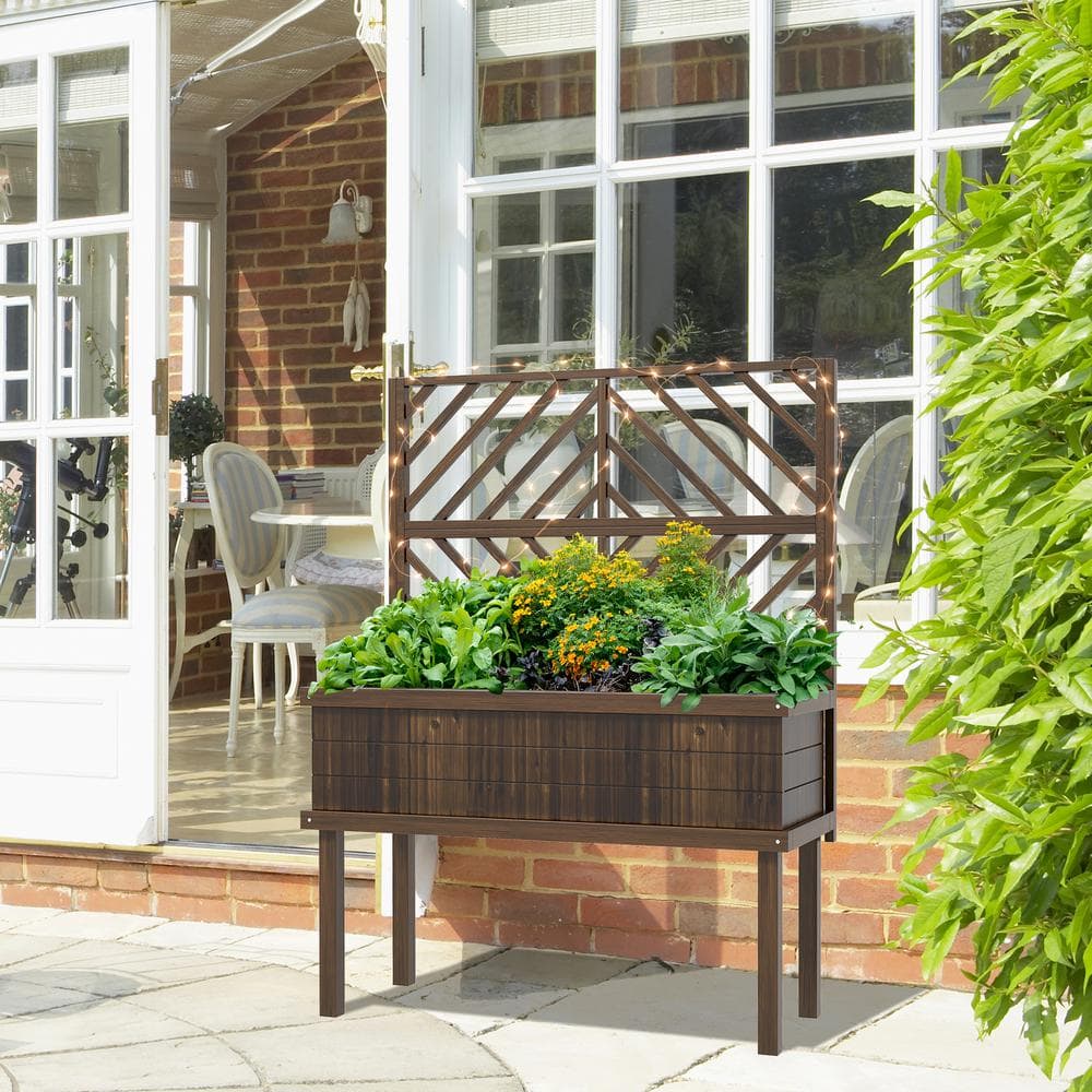 Carbonized Wood Raised Garden Bed with Trellis for Climbing Plants