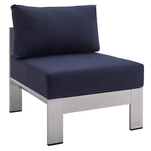Shore Silver Sunbrella Fabric Aluminum Armless Outdoor Lounge Chair with Navy Cushions