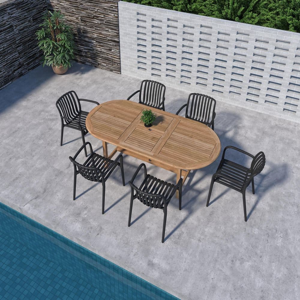 Nagata 7-Piece Solid Teak Wood 100% FSC Oval Patio Dining Set Black price history on PriceWatchPro