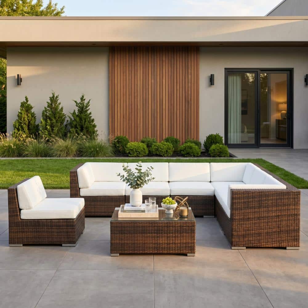 Ohana Mixed Brown 8-Piece Wicker Patio Seating Set with Sunbrella Natural Cushions