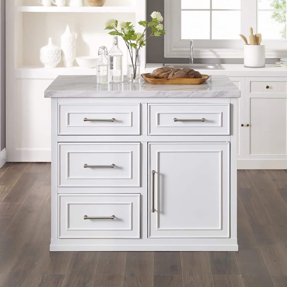 Cutler White Faux Marble Top Kitchen Island with Storage