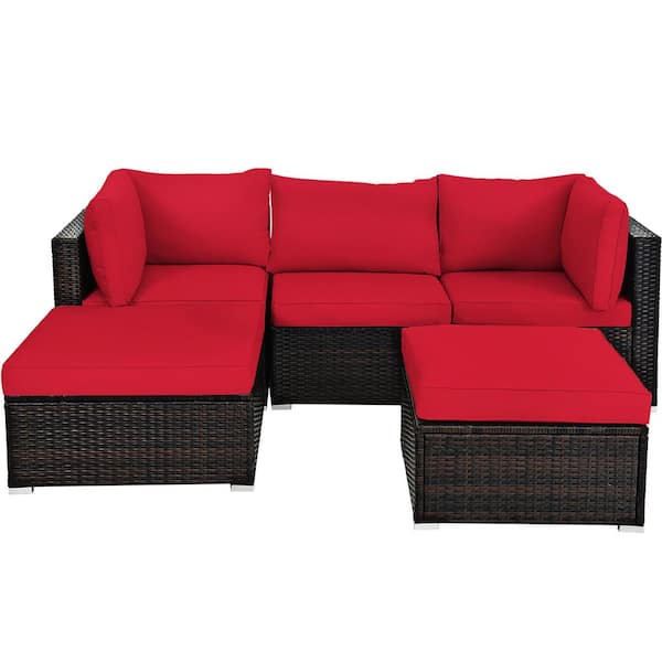 Costway 5-Piece Wicker Outdoor Sectional Set Ottoman Table with Red Cushions