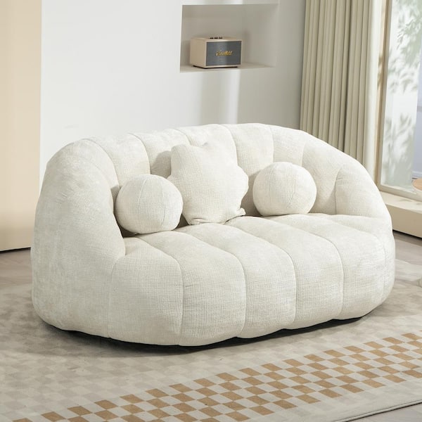 64 in. White Chenille 3-Seater Upholstered Oversized Loveseat Bean Bag Chair Lazy Sofa Couch with Pillows