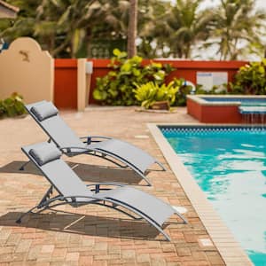 2-Piece Gray Aluminum Outdoor Patio Chaise Lounge Pool Sunbathing Chair with Adjustable Backrest and Removable Pillow