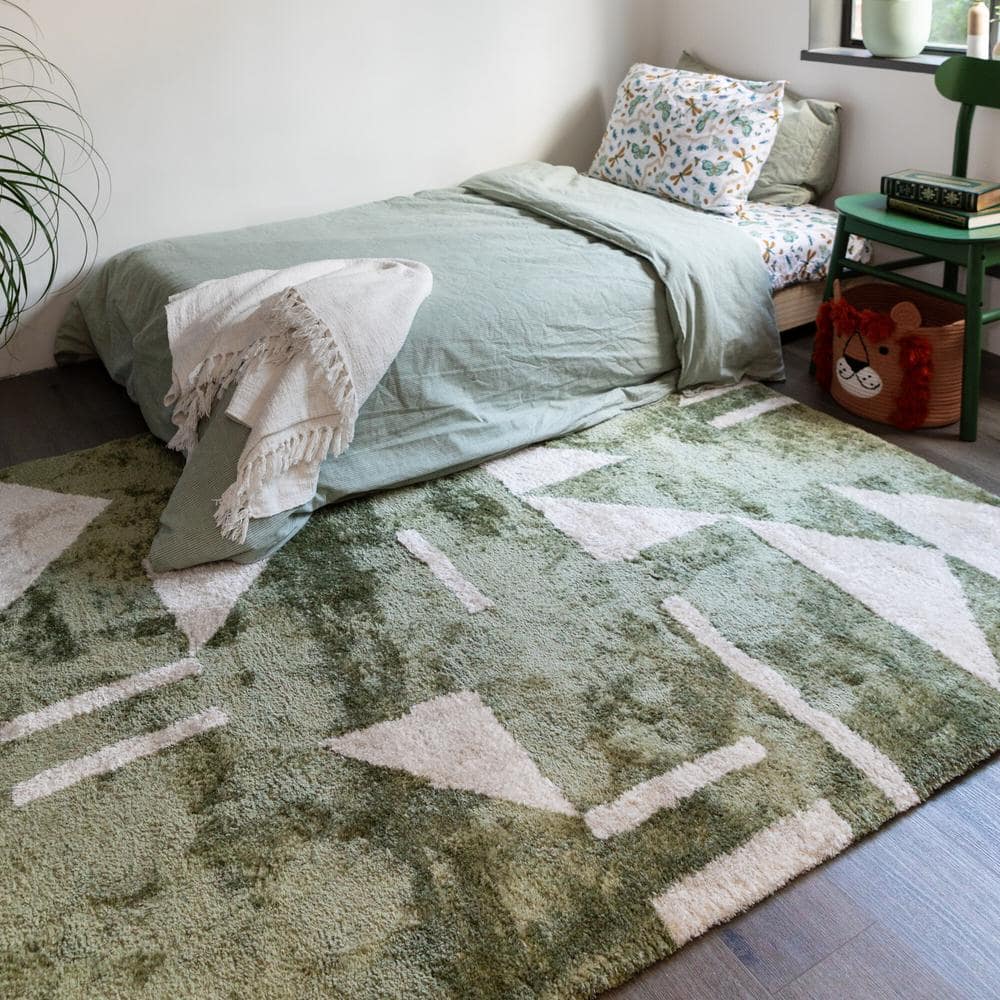 Green and White Geometric Synthetic Rectangular Area Rug