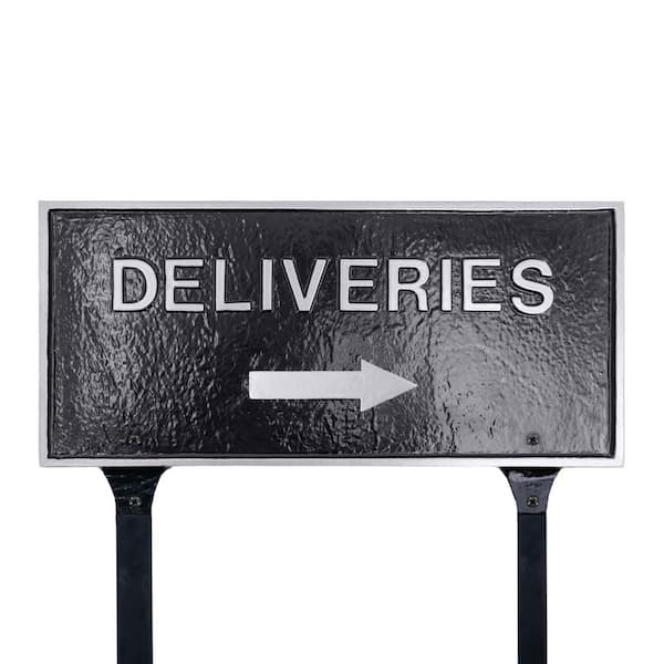 Montague Metal Products 10" x 21" Deliveries with Right Arrow Large Rectangle Statement Plaque with Lawn Stakes - Black/Silver