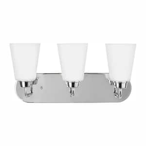Kerrville 18 in. 3-Light Chrome Traditional Transitional Bathroom Vanity Light with Satin Glass Shades and LED Bulbs