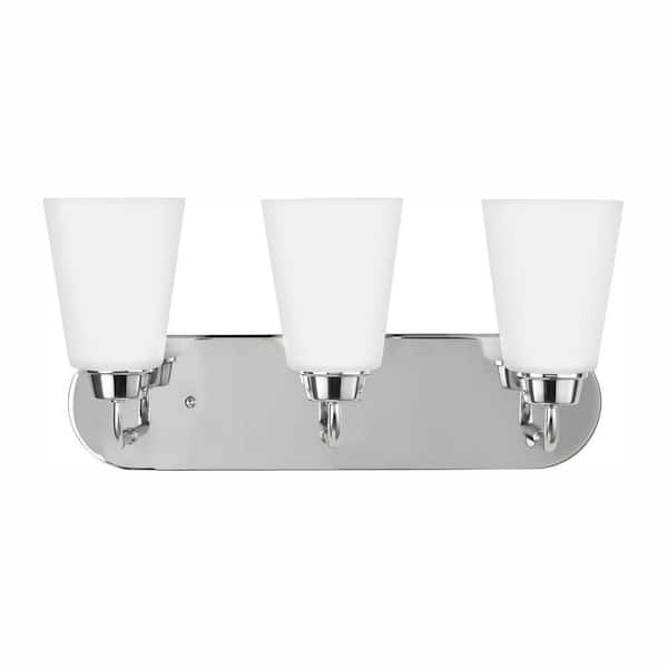Generation Lighting Kerrville 18 in. 3-Light Chrome Traditional Transitional Bathroom Vanity Light with Satin Glass Shades and LED Bulbs