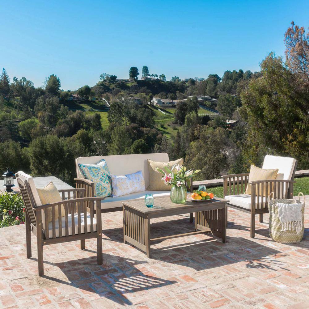 Wooden 4-Piece Outdoor Patio Furniture Sets, Outdoor Patio Conversation Sof