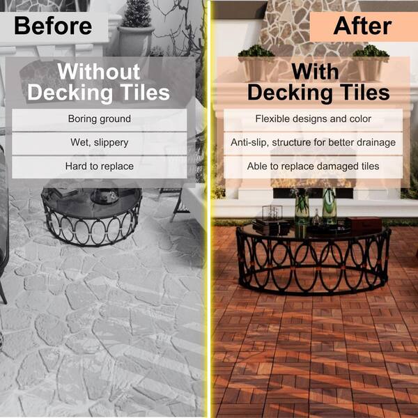 Amucolo 12 in. x 12 in. Checker Pattern Acacia Wood Interlocking Deck Tiles in Brown for Patio, Pool Side (Set of 30 Tiles)