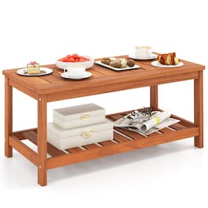 Hardwood Outdoor Patio Coffee Table 2-Tier Coffee Table w/Slat Tabletop & Storage Shelf Natural