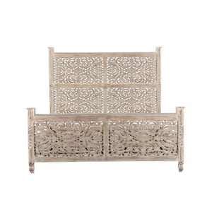 Charlie Gray Wood Frame King Panel Bed with Solid Wood Carved