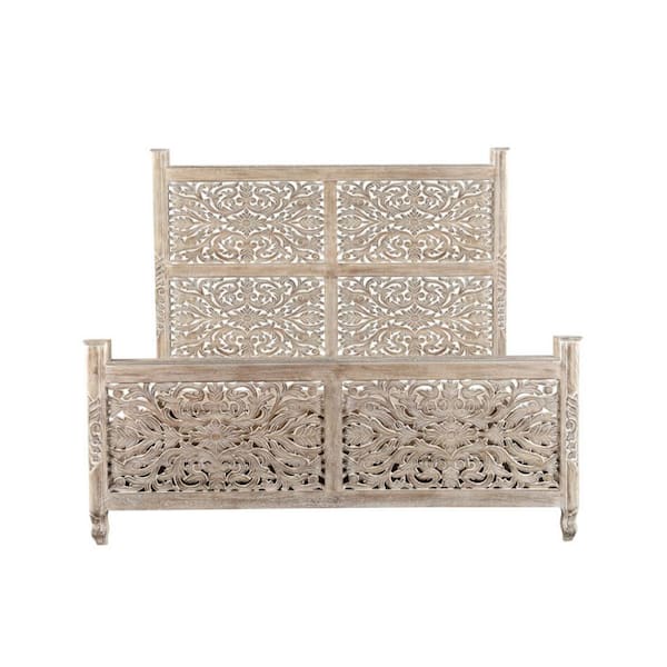 HomeRoots Charlie Gray Wood Frame King Panel Bed with Solid Wood Carved