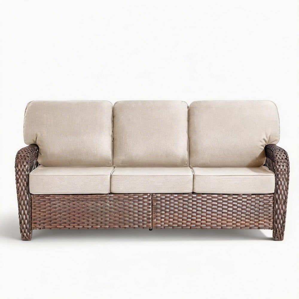 Brown Wicker Outdoor Sofa Couch with Water-Resistant Olefin Beige Cushions durable construction easy to install price history on PriceWatchPro