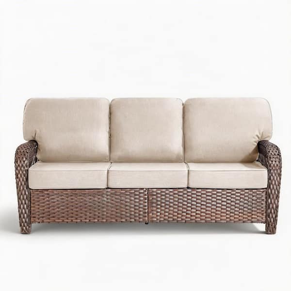 Brown Wicker Outdoor Sofa Couch with Water-Resistant Olefin Beige Cushions Durable Construction Easy to Install