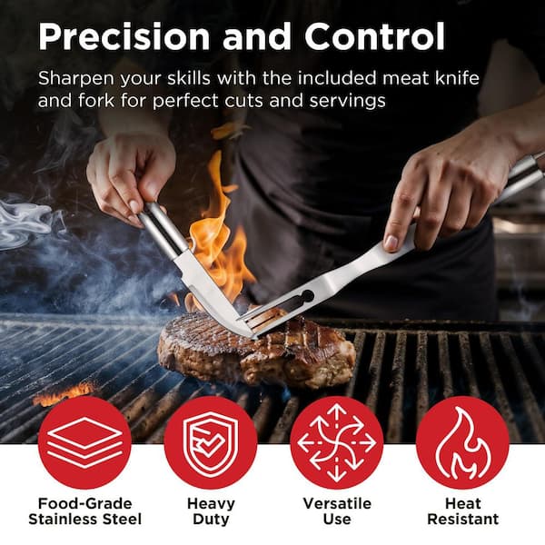 30-Piece Stainless Steel Grill Set BBQ Grill Accessories for Outdoor Grill with Meat Thermometer, Case and Apron, Black